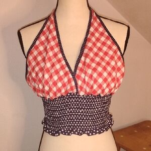 True 1970s Fred Engelman Bodice Halter Top Gingham And Polka Dots Sz L